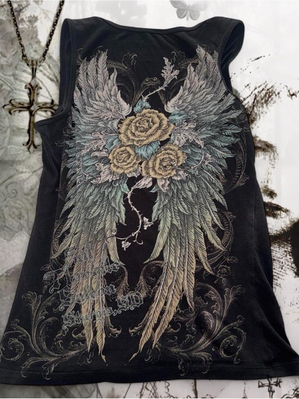 black tank top w yellow green blue ornate gothic angel wing rose thorn graphic